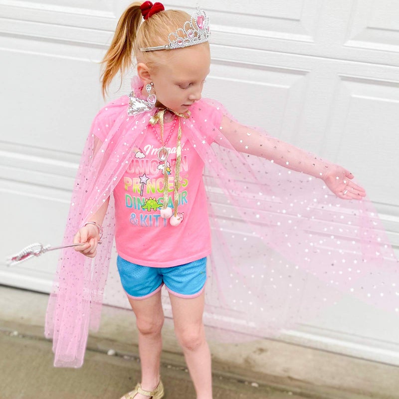 Fedio Princess Cape Set 7 Pieces Girls Princess Cloak with Tiara Crown, Wand for Little Girls Dress up (Pink) - Image 2